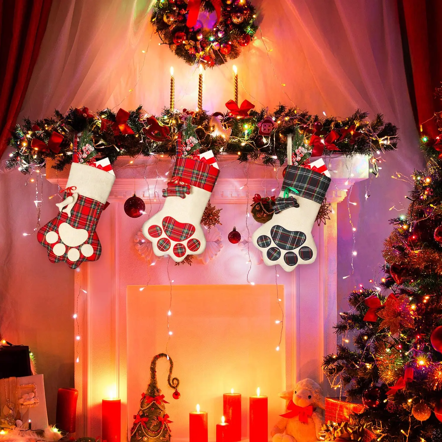Amazon Most Popular Dog Paw Plaid Christmas Stocking For Party