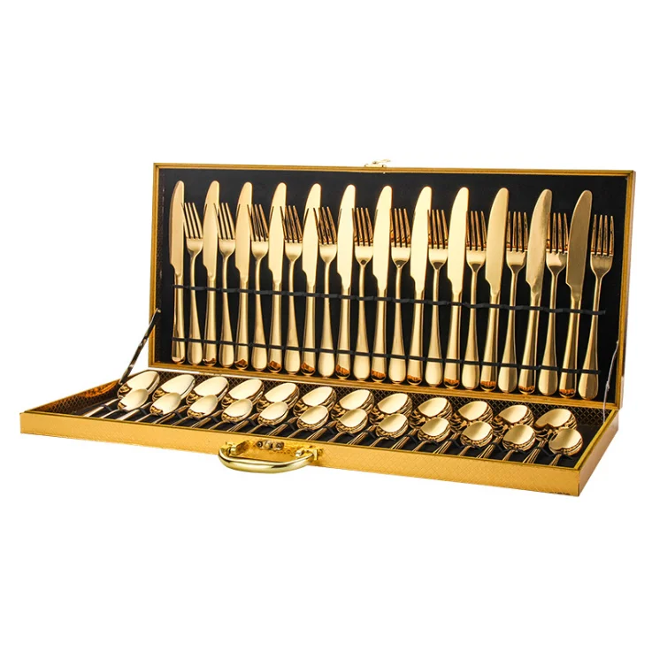 48pcs Shiny gold plated stainless steel cutlery set with wooden case