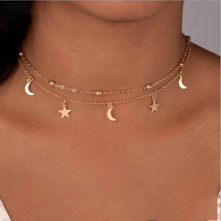 Wholesale Gold plated star moon pendants beads two layers clavicle