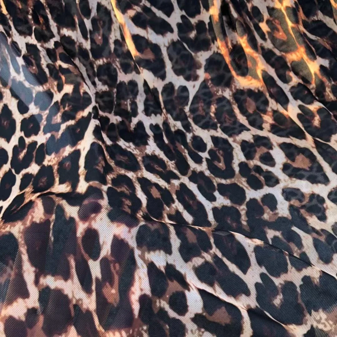 High Elastic Customized Leopard Digital Print Net Fabric 4 Way Stretch Mesh for Skirt and Costume