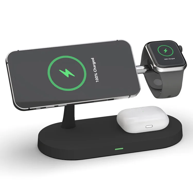New zinc 5 in 1 magnetic 15W qi fast charging wireless charger holder for iphone 12 airpods and iwatch with LED night light