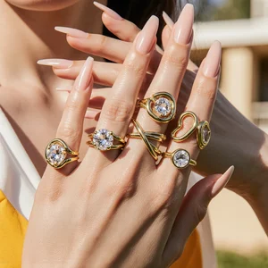 18K Gold Plate Stainless Steel Rings Modern Minimalist Lines Double-layer Hollow Geometric Large Zircon Open Solitaire Ring