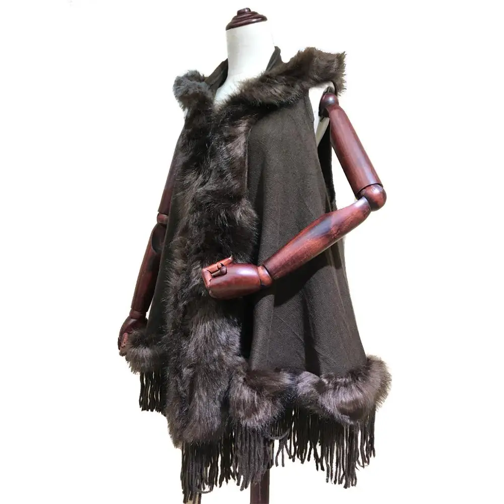 Зимняя Вязаная кашемировая шаль с кисточками, с мехом и вырезом, шали из круглого меха