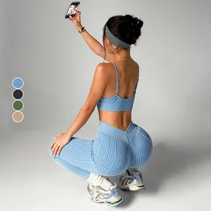 European American Style Women's Sports Fitness Running Two-Piece Set Sand Wash Peach Hip Seamless Yoga Pants Shockproof Solid