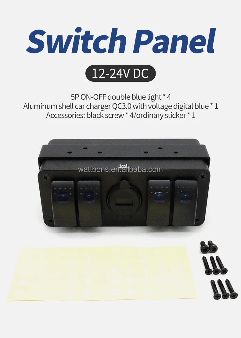 4 Gang Rocker Switch Box 12V SPST ON-OFF Switch QC 3.0 USB Charger Voltmeter Waterproof Aluminum Rocker Switch Panel Night Glow