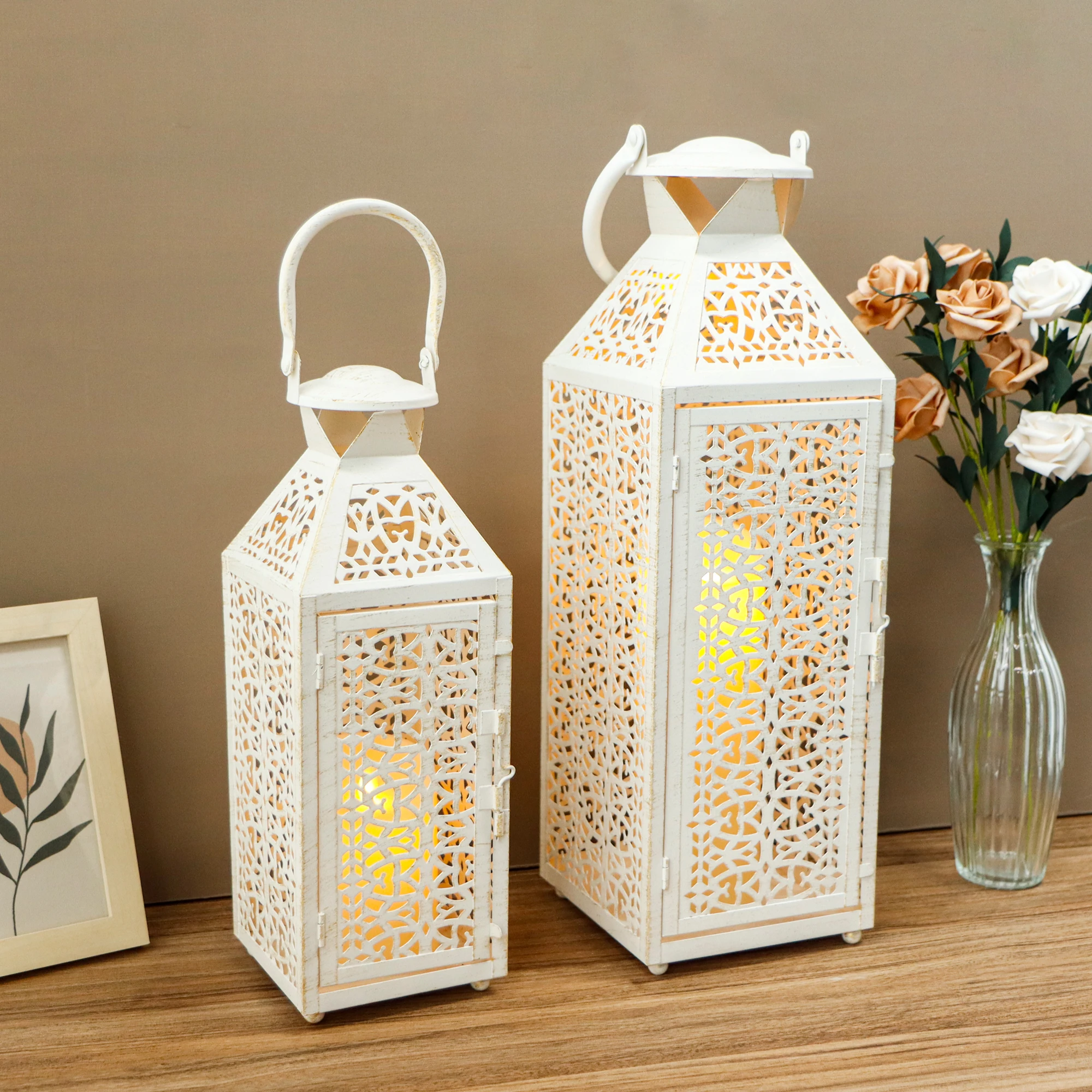 Set of 2 Vintage White Candle Lanterns for Garden & Party Decor