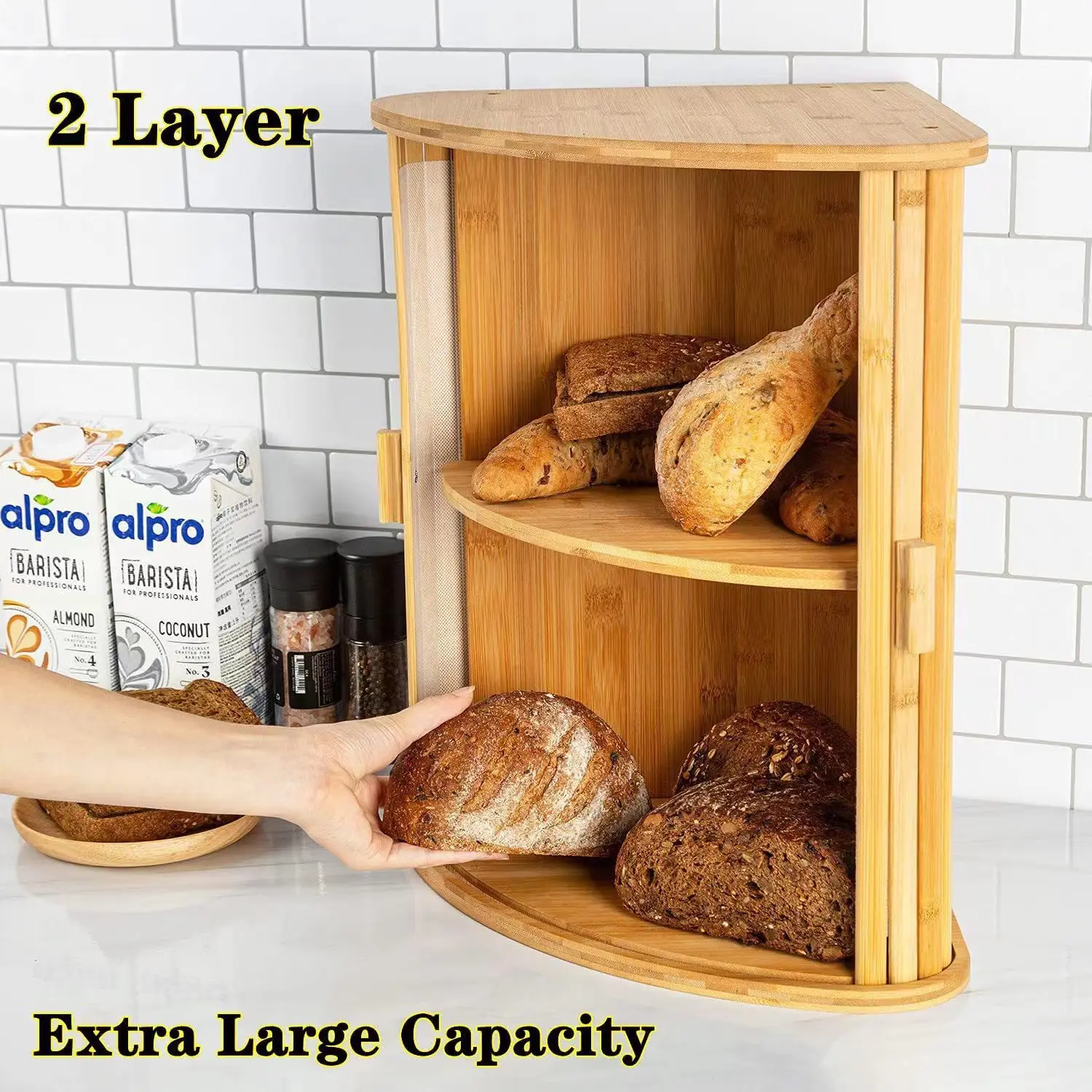 Bamboo Corner 2 Tier Bread Box Kitchen Storage Rack Bread Bin Box With ...