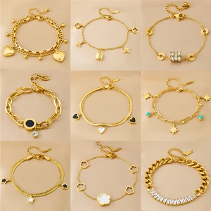 MW 2026 Vintage Zircon 18K Gold Plated Stainless Steel Heart Shape Roman Numerals Square Five Flower Star Bracelet