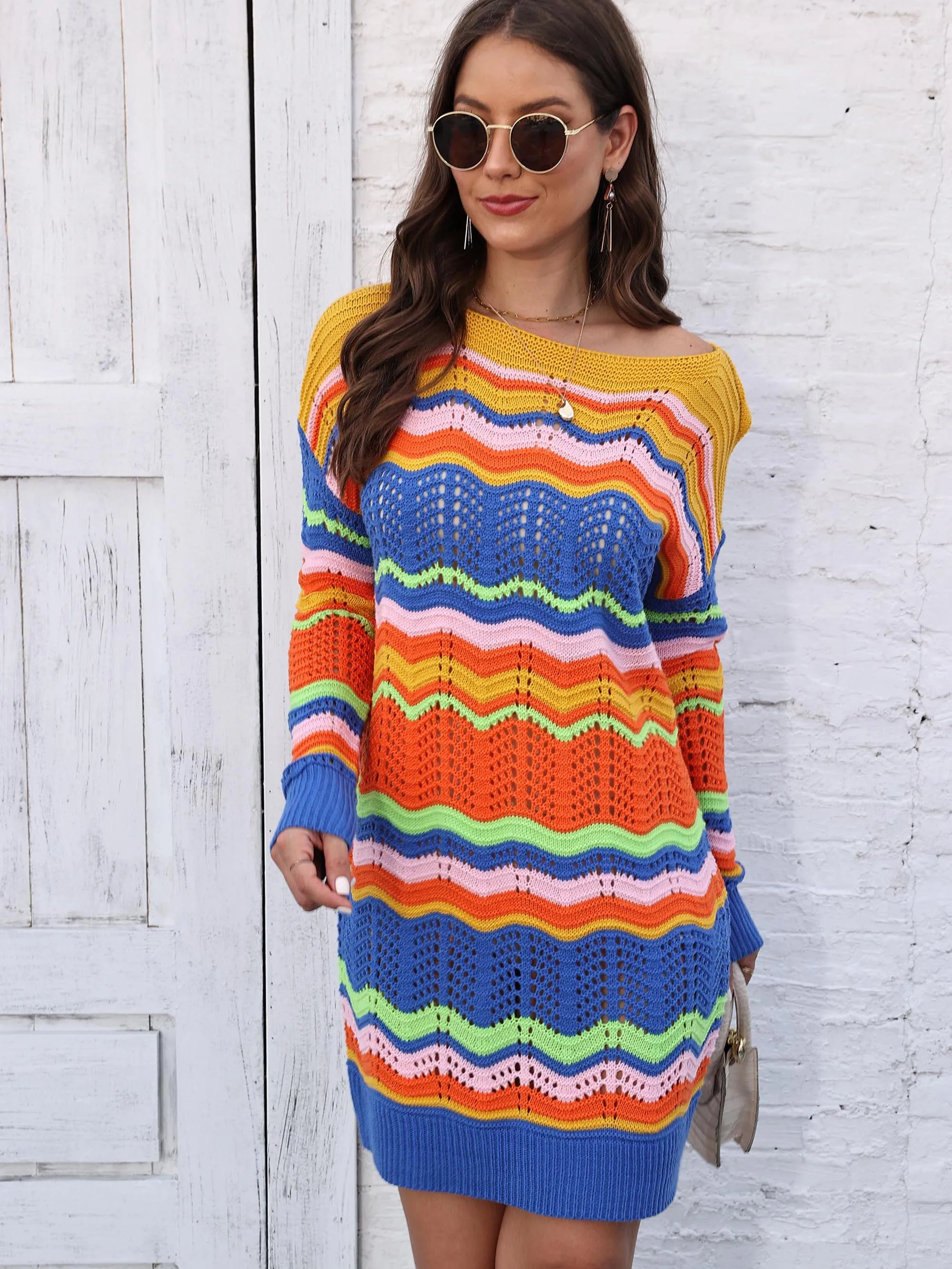 Winter Dress Rainbow Stripes Luxury Designer Inspired Vendor Dresses Bulk Clothes Pullover Round Neck Streetwear Sweater Dress Winter Dress Rainbow Stripes Luxury Designer Inspired Vendor Dresses Bulk Clothes Pullover Round Neck Streetwear Sweater Dress