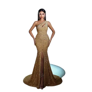 Custom Asymmetrical One Shoulder Bodycon Empire Waist Floor Length Slit Evening Dress Solid Pattern Crepe-Eco-Friendly Party