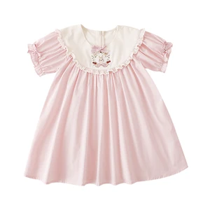 YOEHYAUL X4194 100% Cotton Toddler Summer Dress for Girls New Designs Embroidery Pink Short Sleeve Child Girls Cute Dress Kids