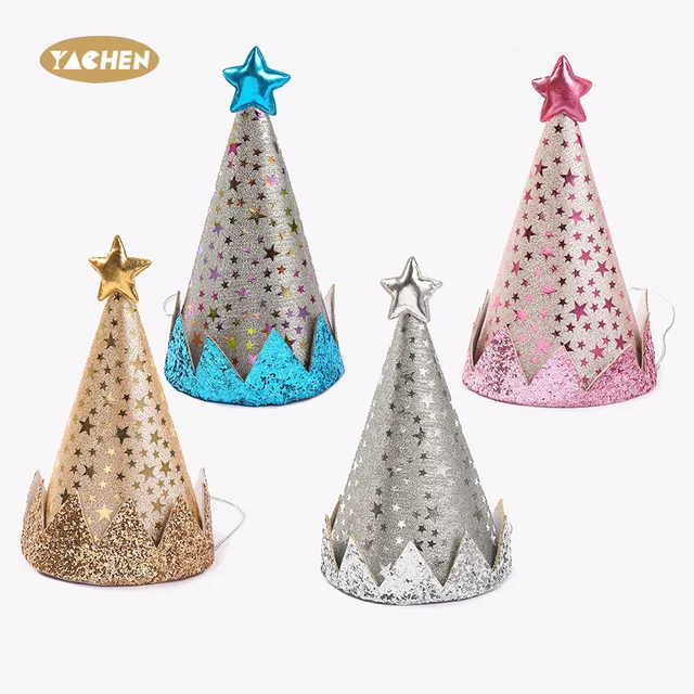 YACHEN kids birthday party decoration supplies high quality disposable glitter paper cone birthday party hats