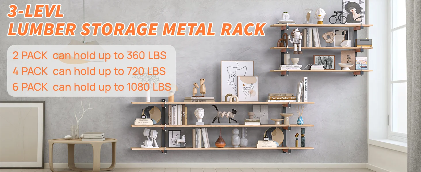Lumber Storage Rack Wall Mounted 2 Pack, Wood Organizer with 3-Level Holds Up Lumber Storage Rack Wall Mounted 2 Pack, Wood Organizer with 3-Level Holds Up