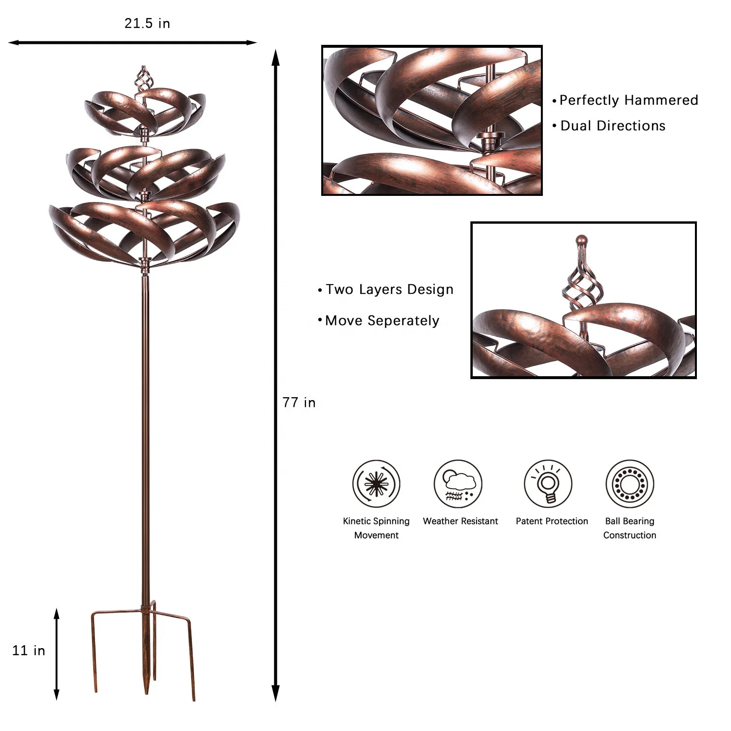 Helical Blade Bronzed Copper Wind Spinner Garden Ornament Wholesale Metal Garden 3d Wind Spinner