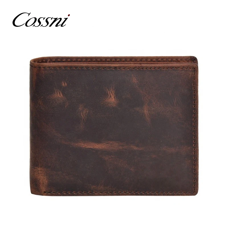 COSSNI Custom Men's Genuine Crazy Horse Leather Wallet Vintage Short RFID Wallets Open Closure Type Wholesale Gift Option