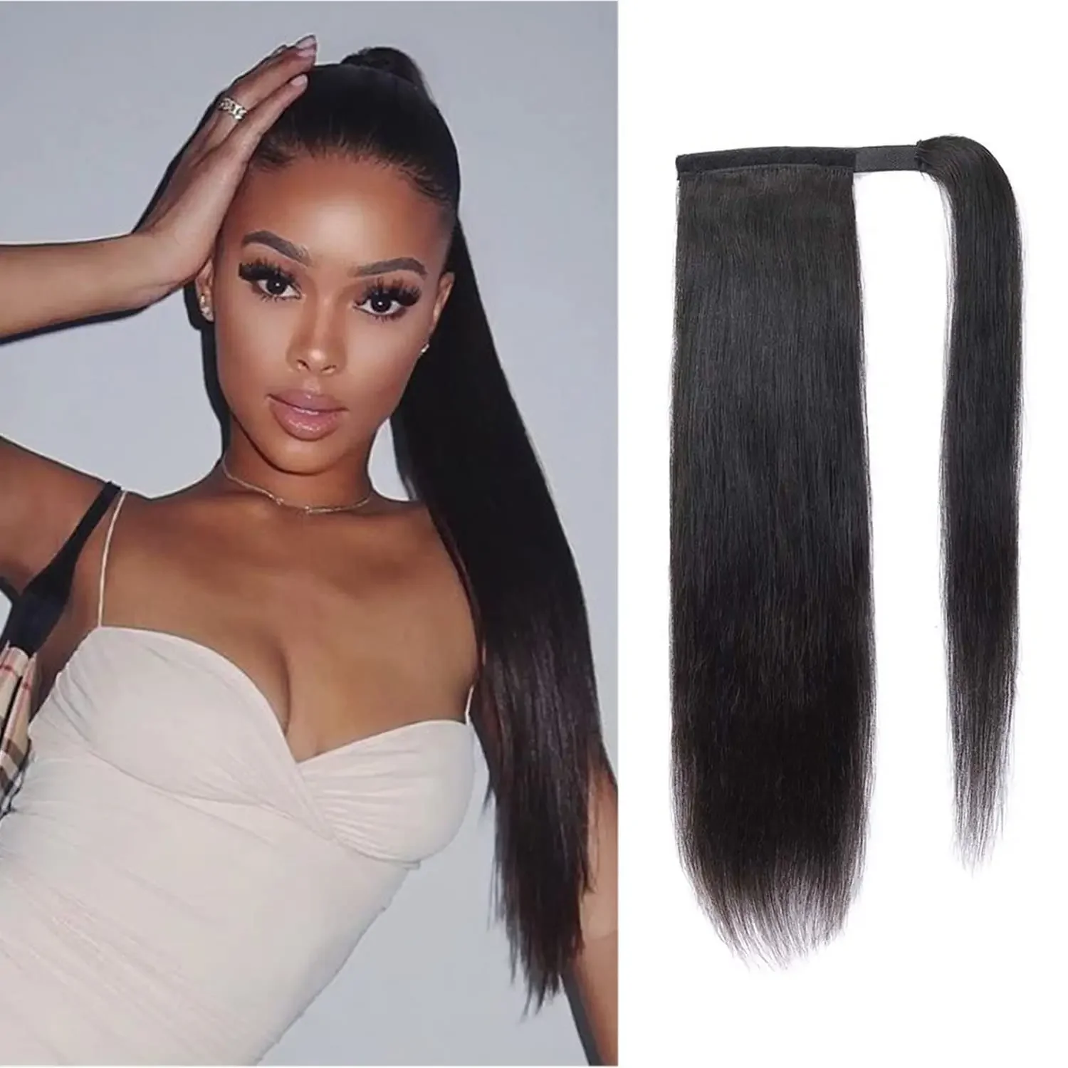 Natural Color Brazilian Human Hair Straight Wrap Around Ponytail Clip In Hair Extension Hairpiece for Women_voghion.com