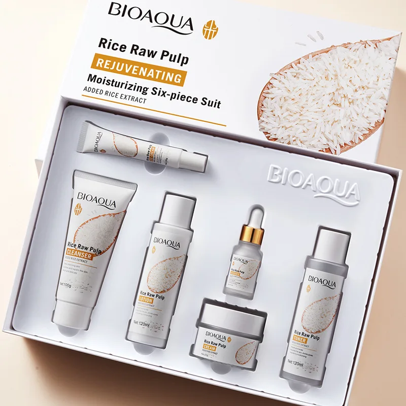 OEM BIOAQUA wholesale herbal rice anti aging moisturizing whitening facial mask face serum eye cream skin care set