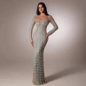 Elegant Dubai Gray Arabic Long Sleeve Evening Prom Gowns Dresses Gray Arabic Evening Gowns Dresses
