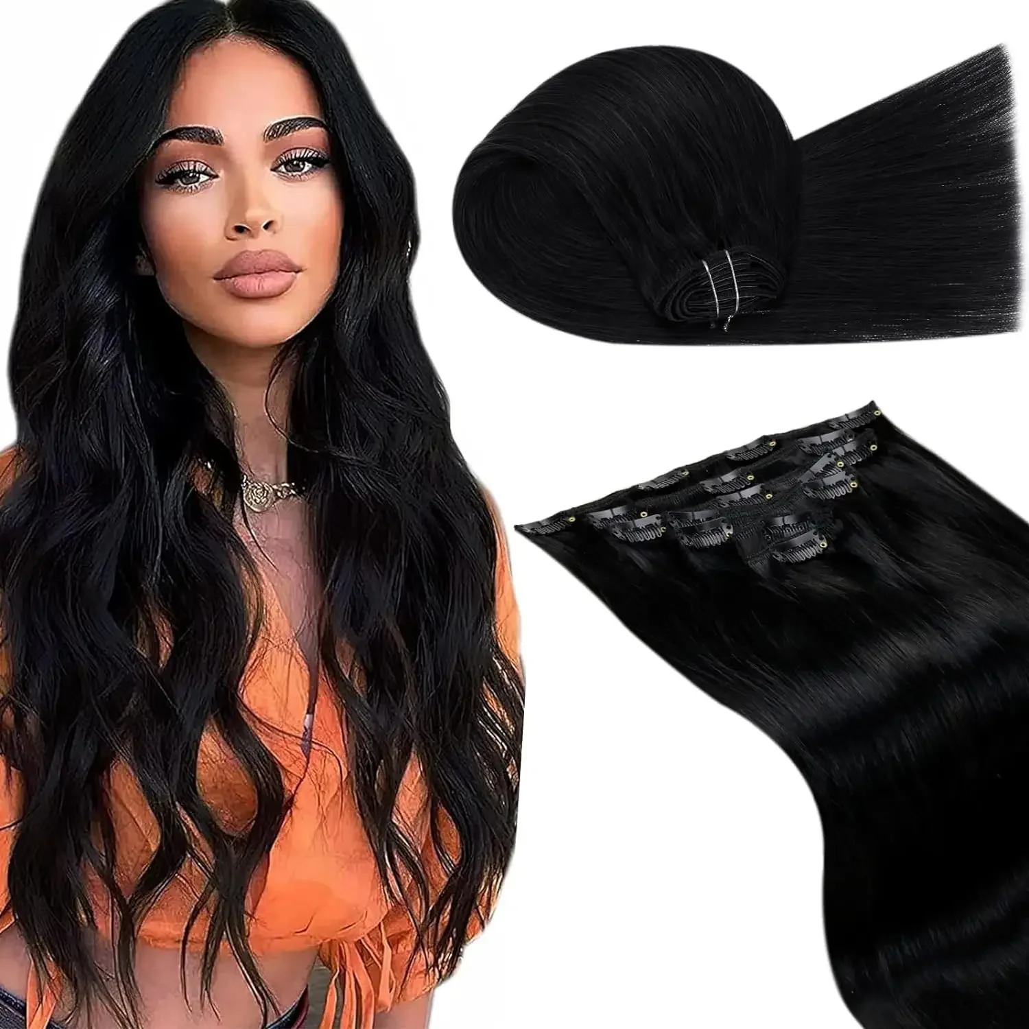 LaaVoo Echthaar-Clip-in-Extensions, 7-teilig, echtes Remy-Haar, zum Anklipsen, schwarzes Haar, glatt, natürliches Blond_voghion.com