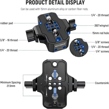 NEEWER Camera Base Plate With Dual Rod Rail Clamp, 15mm LWS Baseplate for Camera Cage Tripod Shoulder Rig With 1/4" & 3/8" detail image