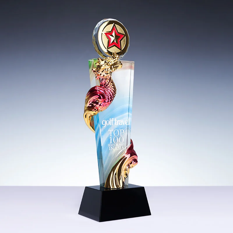 Factory professional direct custom resin plated color dragon k9 crystal color print resin crafts crystal glass trophy details