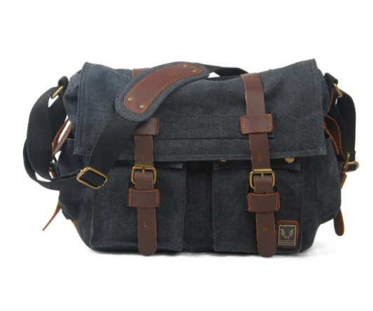 mens leisure single shoulder strap vintage leather and premium canvas bag laptop messenger bag