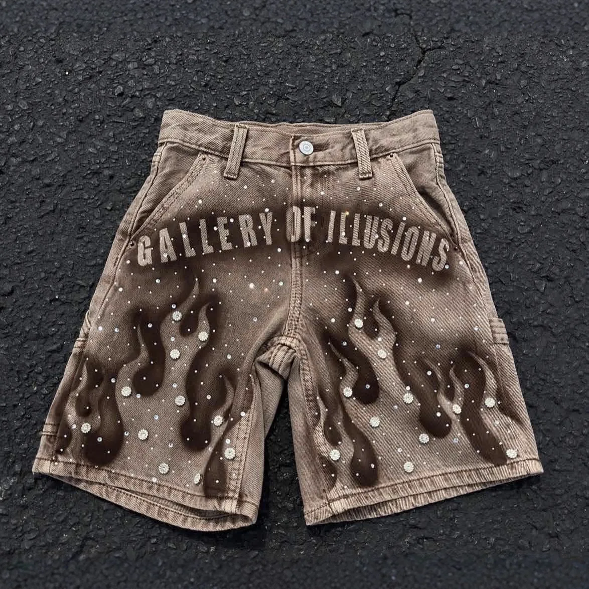 Y2K Summer High-street Fashion Men's Mid Cropped Boot Cut Denim Shorts Hand-painted Prints Rhinestone