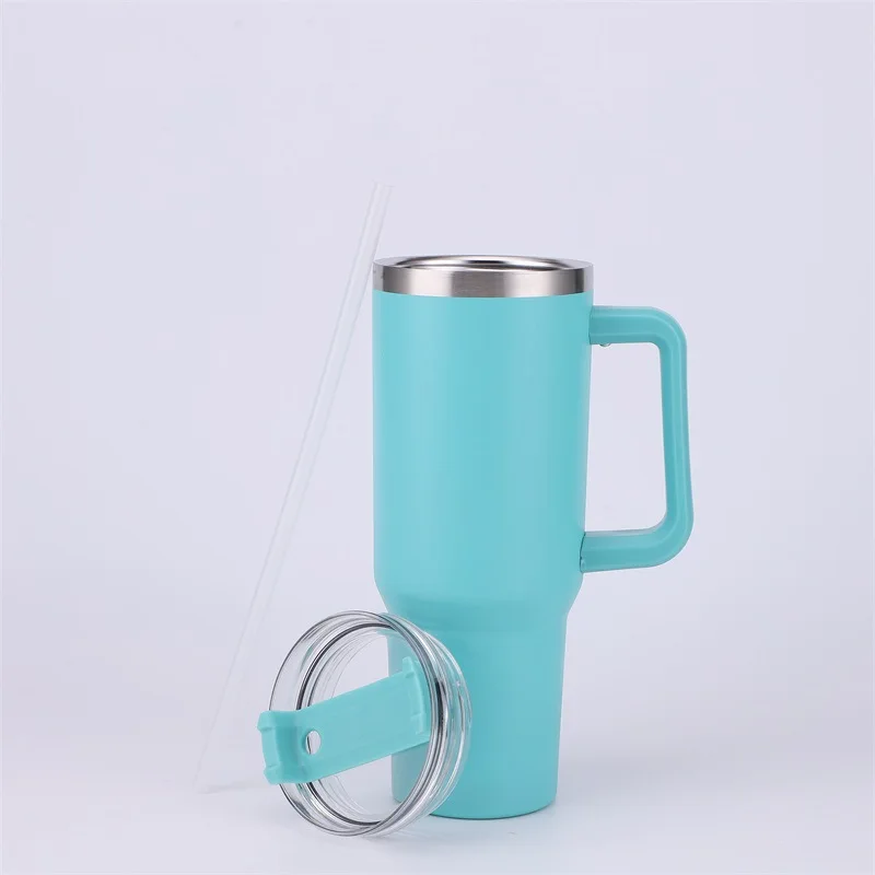 Logo Printed Stainless Steel Cup with Handle Double Walled Insulated Tumbler 40oz Coffee Travel Mug with Lid and Handle