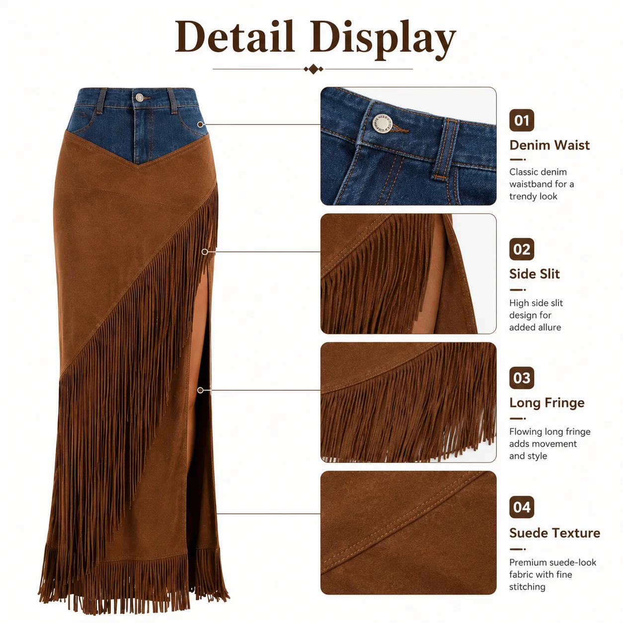 Hot Sale Empire Waist Vintage Tassel Beaded Anti-Wrinkle Mid-length Spliced Denim Hem Irregular Suede Skirt