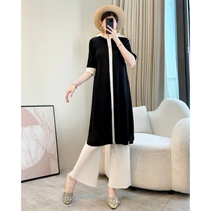 Miyake Women's Elegant Black Two-Piece Set Summer Cardigan Mid-Length Pleated Mom Wide-Leg Pants Loose Fit Casual Style Woven