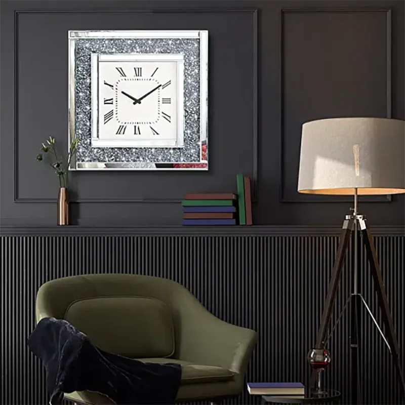 Silver Round Mirror Clock Crystal Crush Diamond Mirrored Sparkle Twinkle Bling main image 1