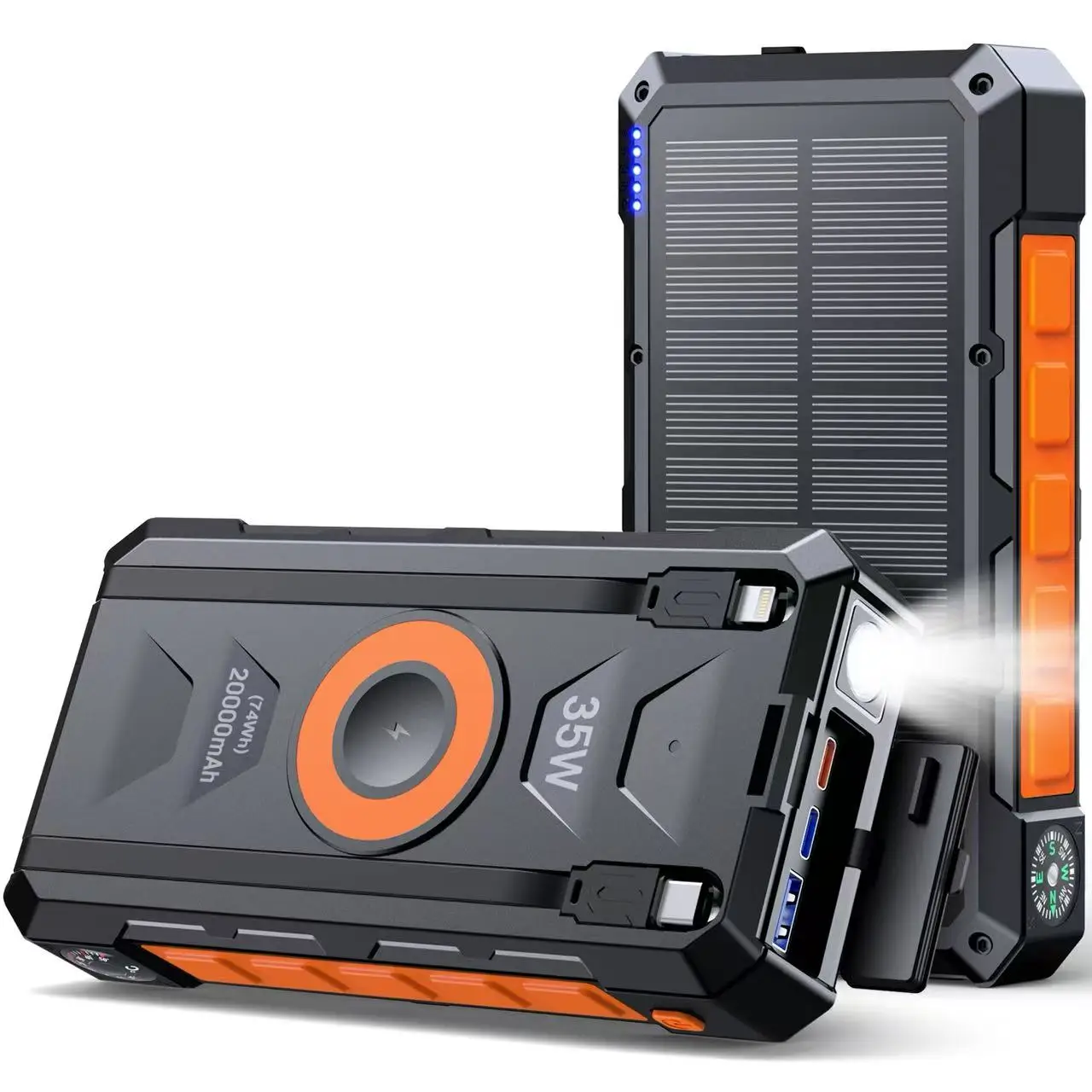 Portable Solar Charger 20000mAh Fast Charging 35W Power Bank with Wireless Charging and LED Flashlight