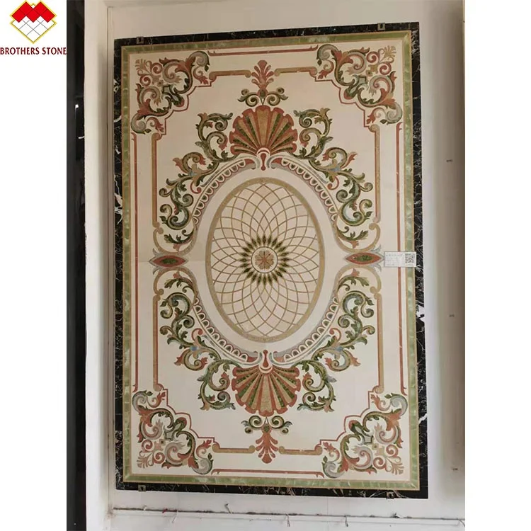 Customized Marble Medallion Arabic Majlis Marble Mural Decoration Rectangle Flower Waterjet Marble Tiles Design Floor Pattern
