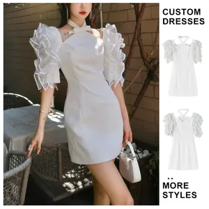 Custom Wholesale White Halter Neck Mini Short Dress Sequin 3D Flower Wrist Sleeve Elegant Girls Party Dresses