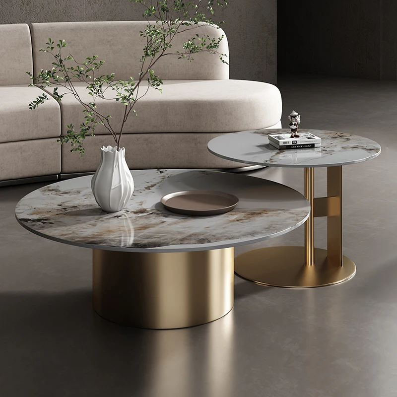 Factory Outlet 2 Pieces Nesting Center Table Round Marble Top Gold  Leg Tea Table 2 in 1 Coffee Table Set