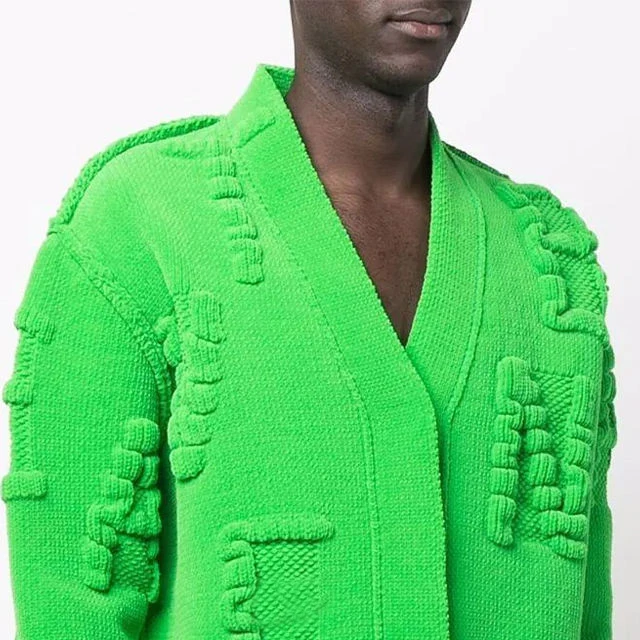 Men Sweater Custom Cardigan Sweater Green Knit Embossing Cardigan Sweater