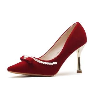 Classy Women's Red Velvet Pointed Toe Comfortable Slip-On Stiletto Heel Pumps with Bow & Pearl Accent Summer PU