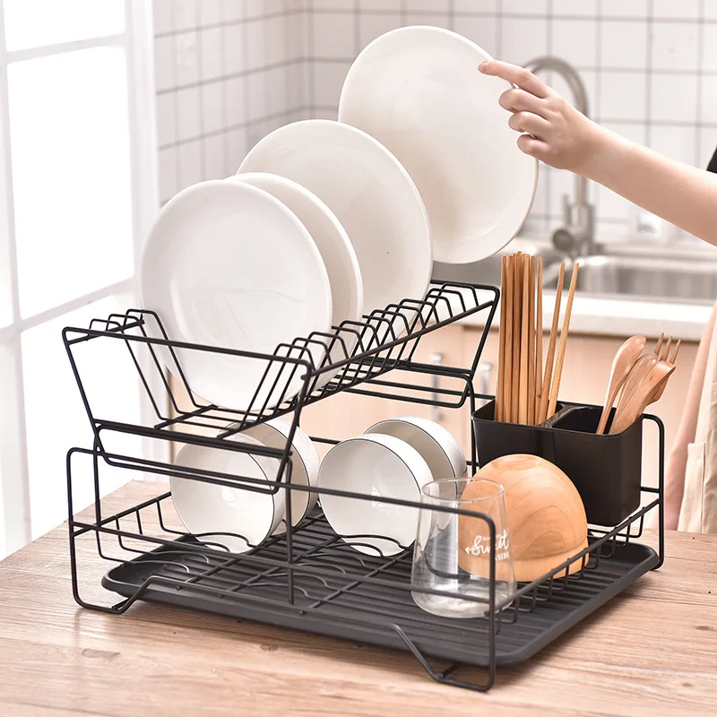 Kitchen Household Double Tier Storage Shelf Drain Rack Standing Type Organizer