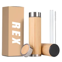 Bpa Free Wide Mouth Custom Logo Reusable Bamboo and Stainless Steel (Vacuum) 500 Ml Thermos Flask