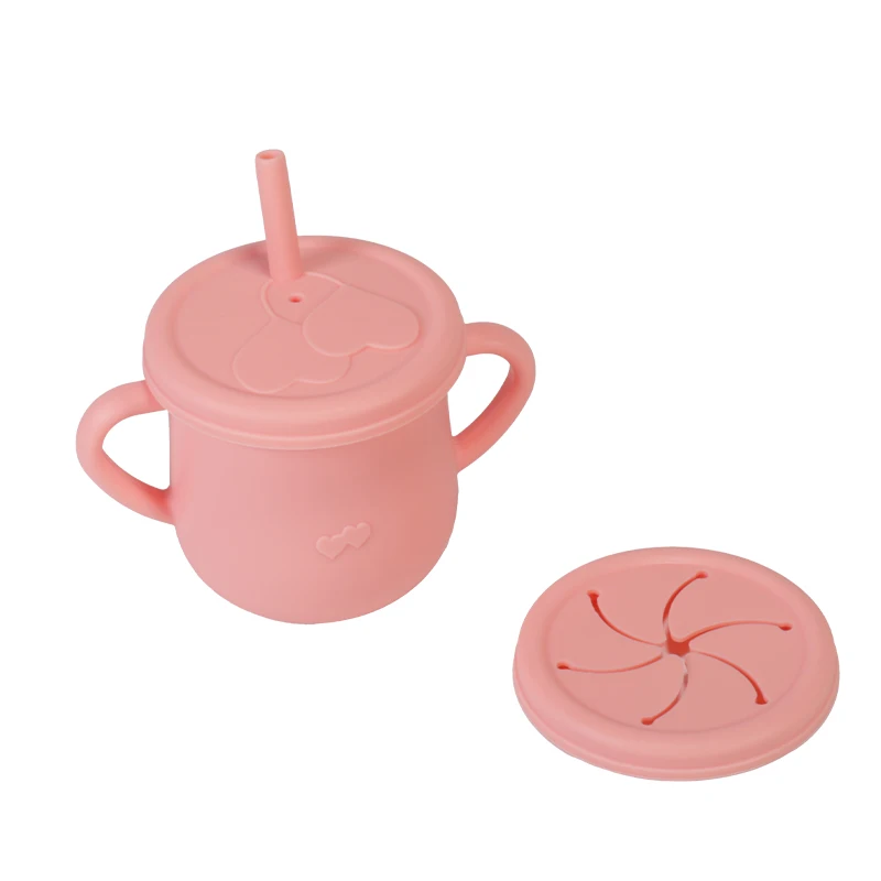 Customized Non Spill Toddler Drink Training Cup 2 Lids Sublimation Kids Baby Silicone Snack Sippy Cup With Straw factory