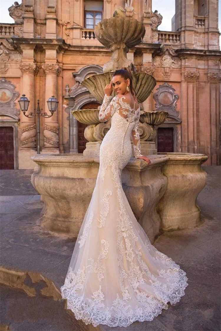 Mermaid Wedding Dresses Bodycon Wedding Dress Luxury Lace Strapless Long  Sleeve Dismountable Long Train Wedding Dress
