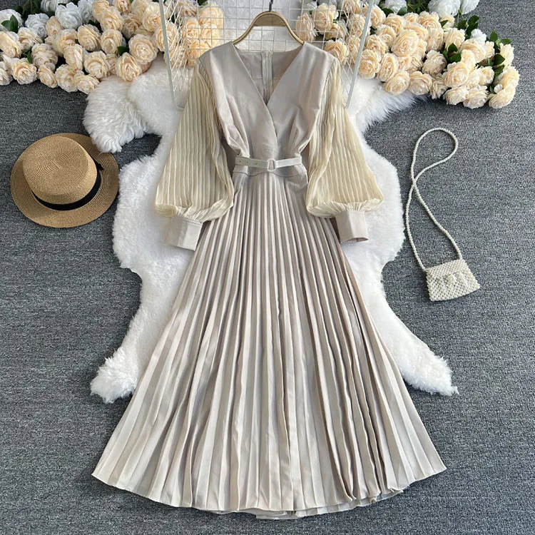 Spring Pure Color Lantern Sleeve V Neck Dresses With Belt Pleated Dress ...