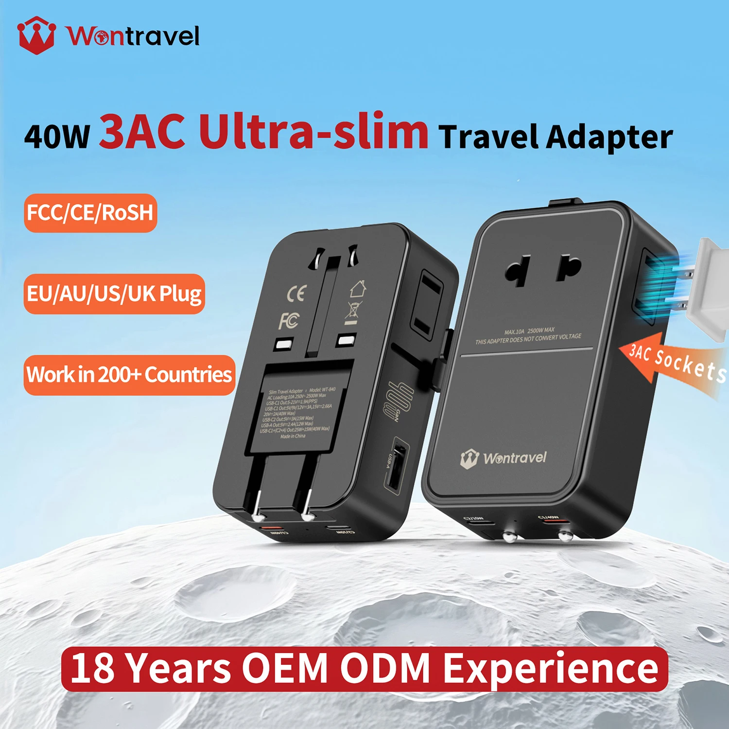 Adattatore da viaggio universale portatile e pieghevole Wontravel GaN da 40 W, sottile, con 3 prese CA