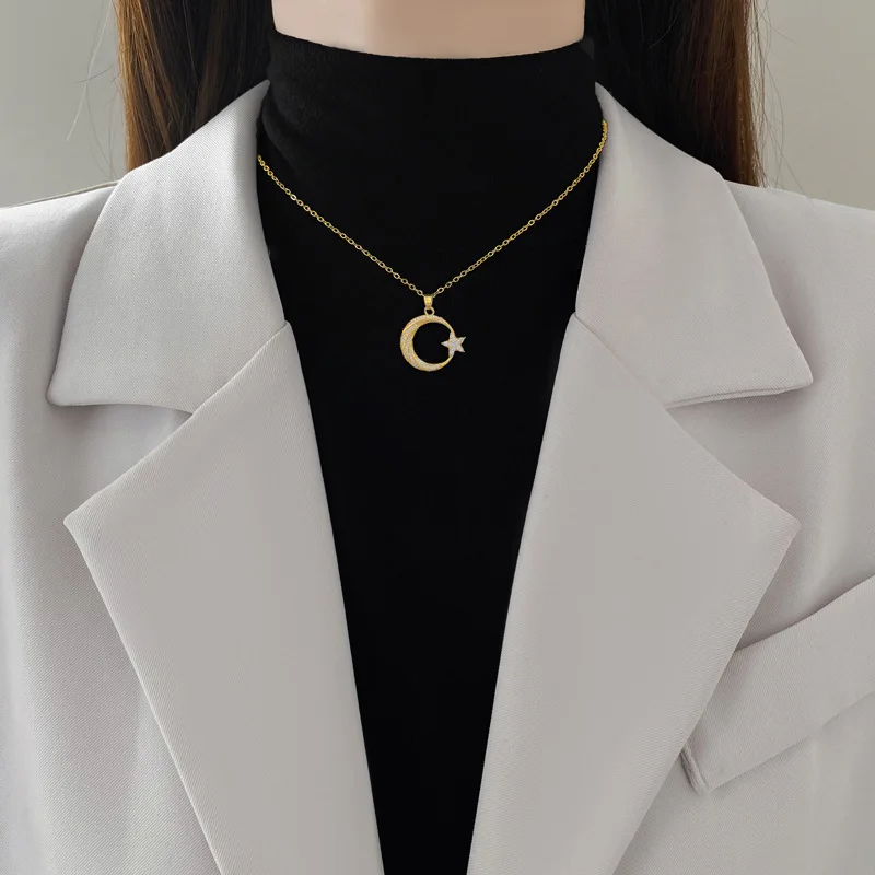 18K Gold Star Moon Pendant Necklace with Zirconia