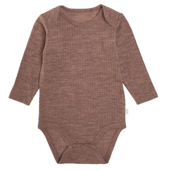 Baby Drop Needle Knit Rib Merin Wool Long Sleeve Bodysuit With Envelope Neck