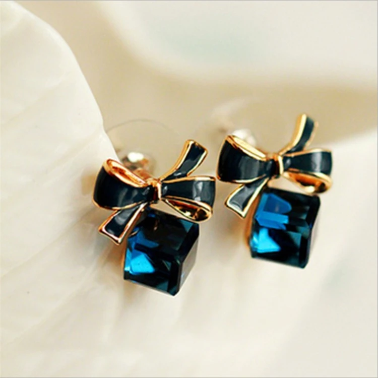 Fashion Korean Bowknot Earrings Cube Crystal Earrings Temperament All-match Women's Earrings Jewelry