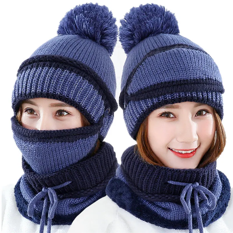 B1061 Warm Knit Caps 3Pcs Ski Knitted Winter Hat Thicken Skull Pompom Beanie Hat Fleece Lined Custom Women Ring Scarf Hats Sets