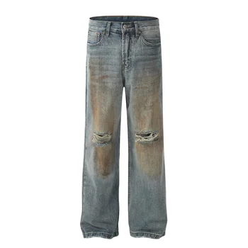 STARLIGHT New Fashion Customize Men Denim Vintage Streetwear Distressed Ripped Dirty Wash Rust Stained Men's Straight Leg Jeans