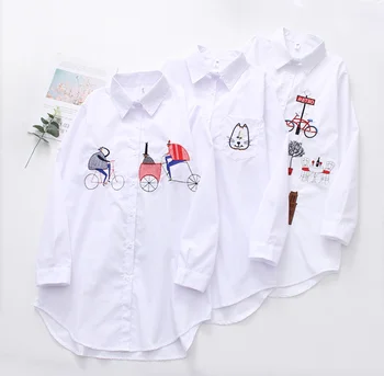 New Harajuku embroidered white shirt 2021 European and American retro BF Long Sleeve Shirt Medium Length blouse
