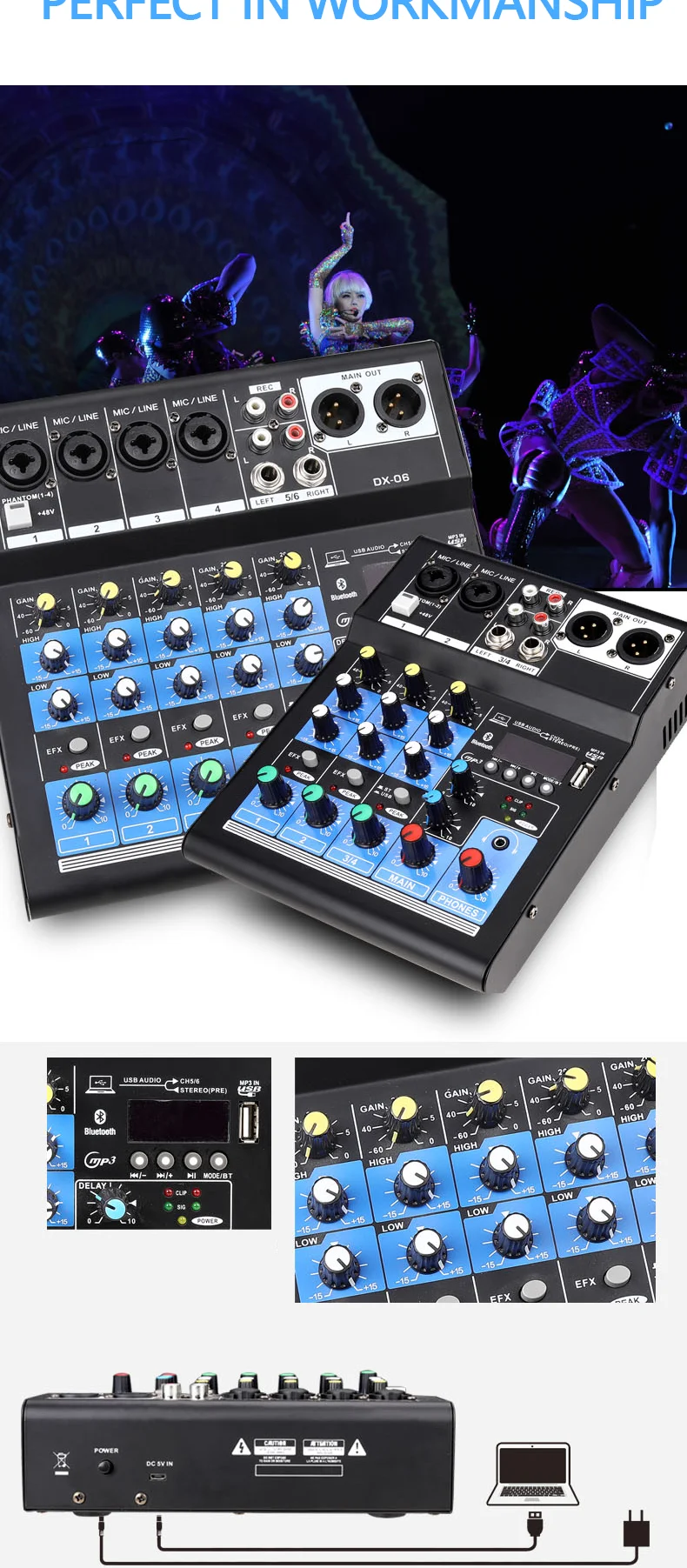 Professional Audio Mixer Sound Card Dj Mixing Console System Usb Blue